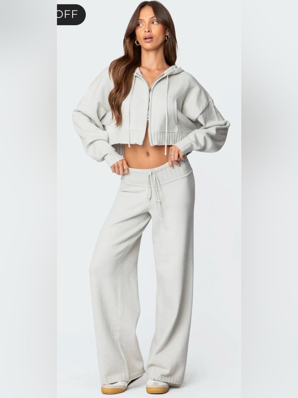 Edikted Russell Knit Hooded Cardigan Cozy & Russell Straight Leg Knit Pants set